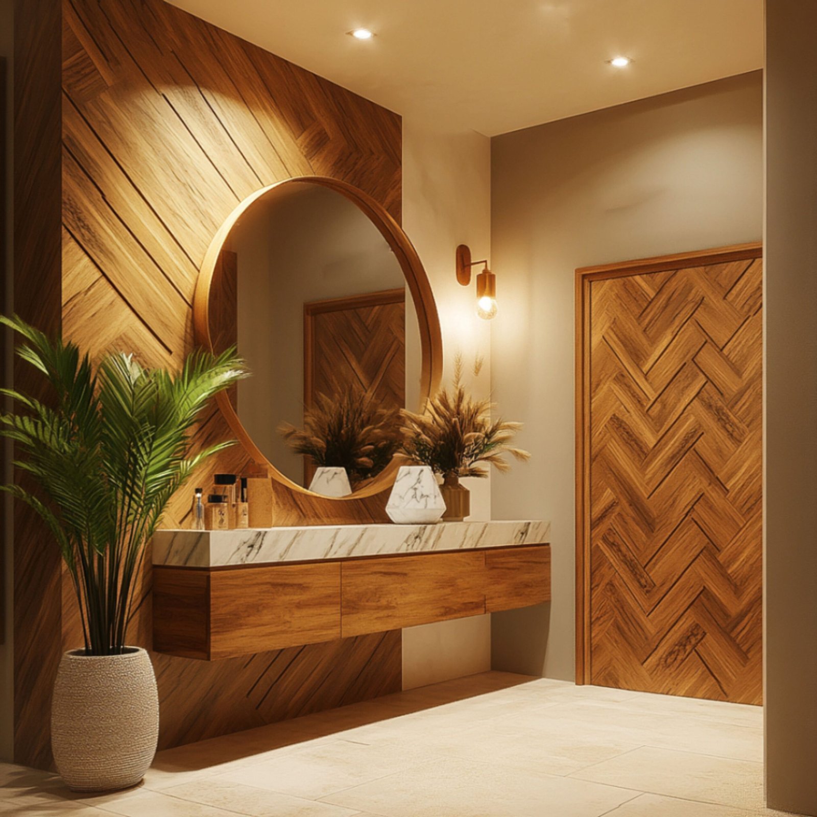Contemporary Foyer Design with Floating Console and Chevron Wood Paneling