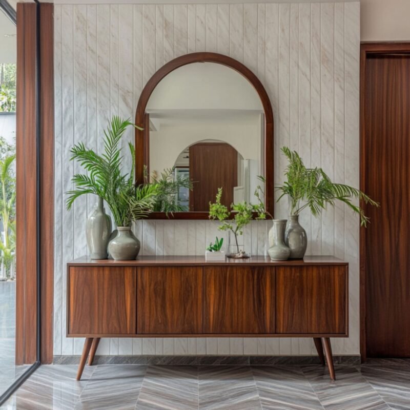 Mid-Century Modern Foyer Design with Walnut Finish and Floating Console