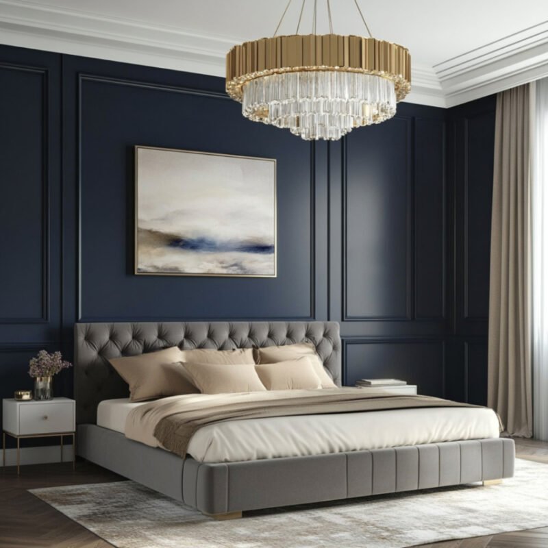 Classic Guest Bedroom Design with Navy Blue Wall and Plush Tufted Bed