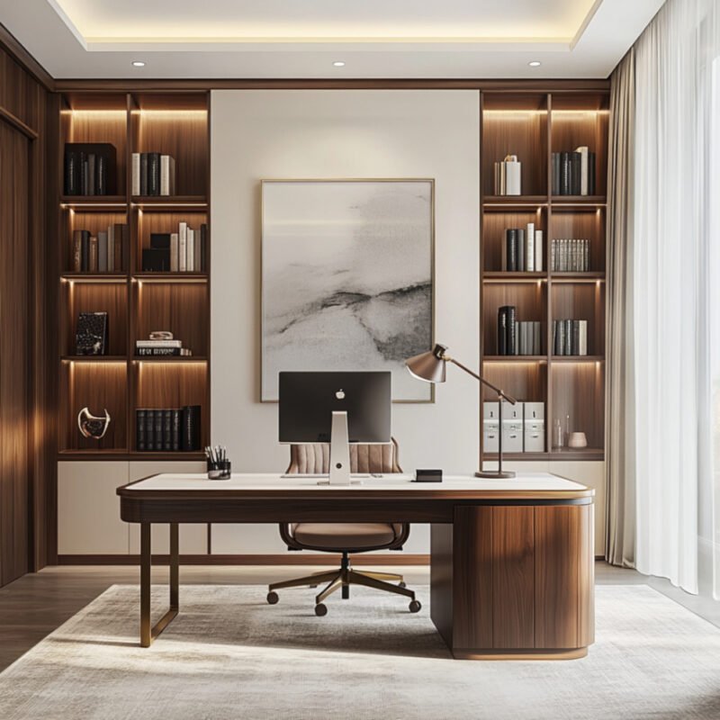 Walnut, Beige and Matte Black Modern Home Office Design