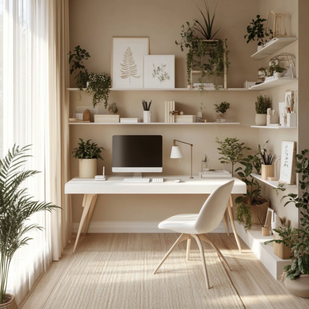 Minimalist Home Office Design With Plants and Open Shelving