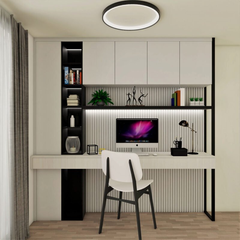 Contemporary Black And White Study Room Design With PVC Fluted Panels