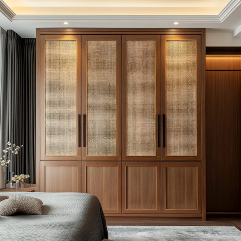 Modern 4-Door Swing Wardrobe Design with Cane Shutters