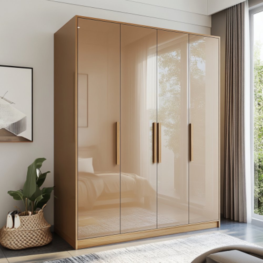 Contemporary 4-Door Wardrobe Design with High Gloss Finish and Ergonomic Handles