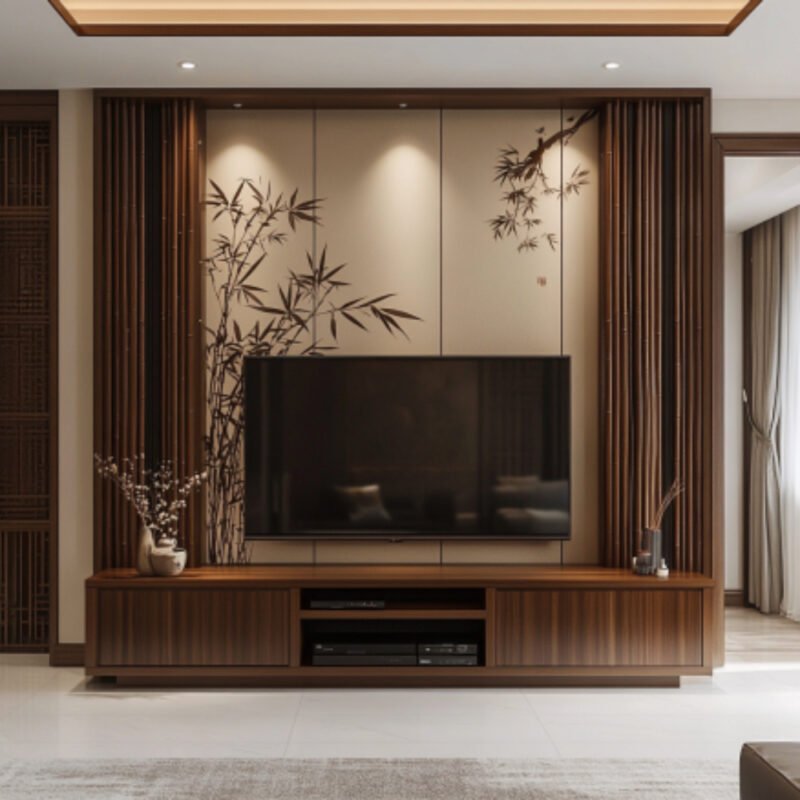 Modern TV Unit Design with Bamboo Motif