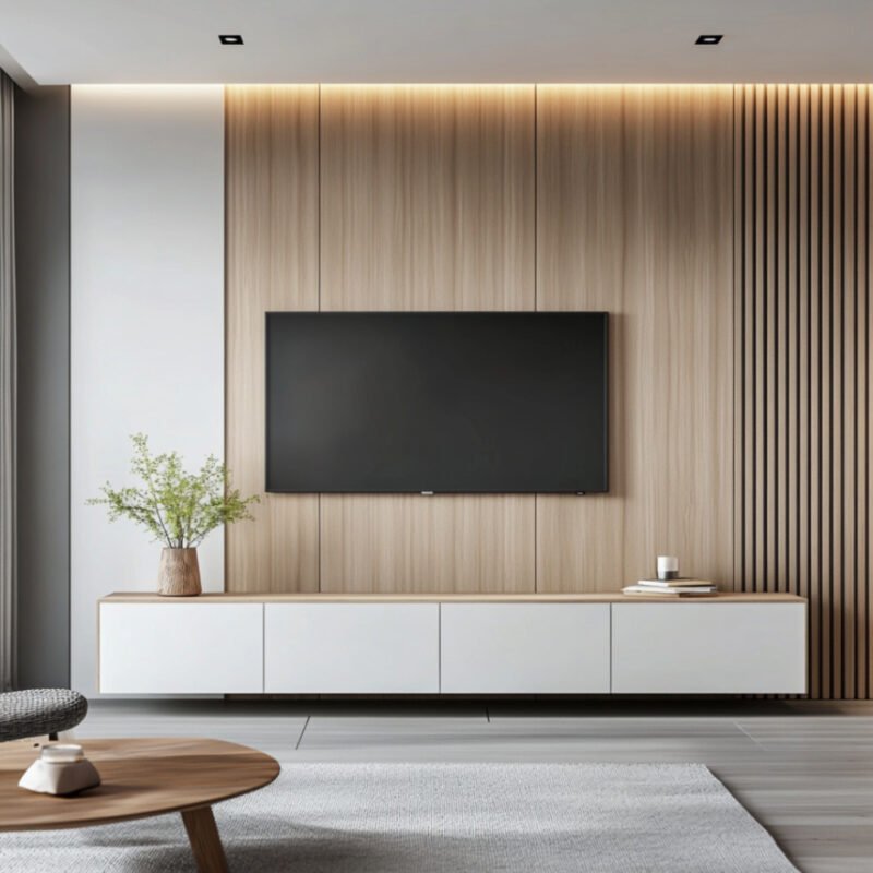 Scandinavian White and Acacia TV Unit Design with LED Lighting