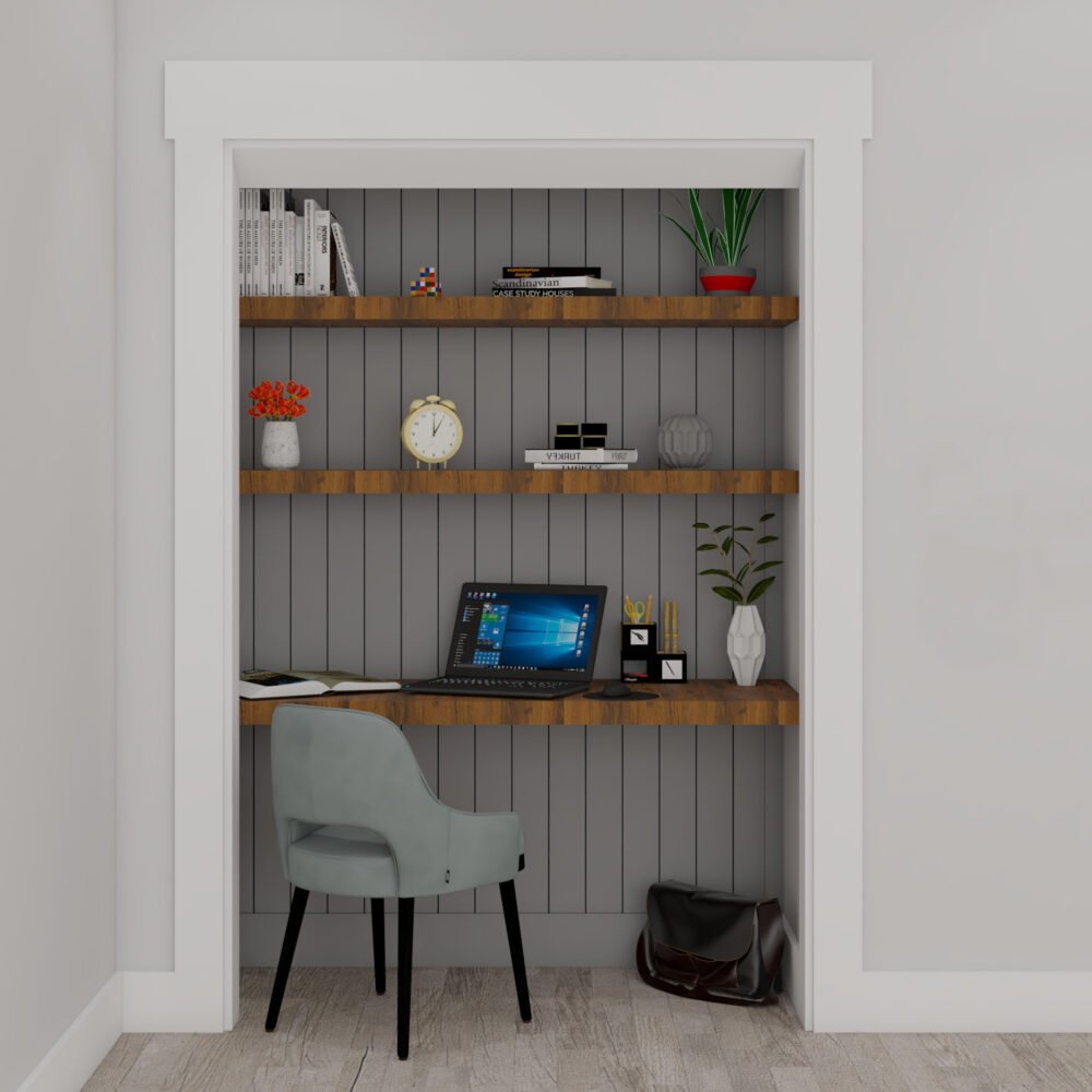 Contemporary Study Room Design With Wall-Mounted Ledges And Grey Wall Panelling