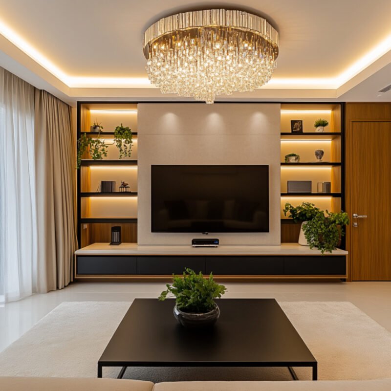 Contemporary TV Unit Design with Crystal Chandelier