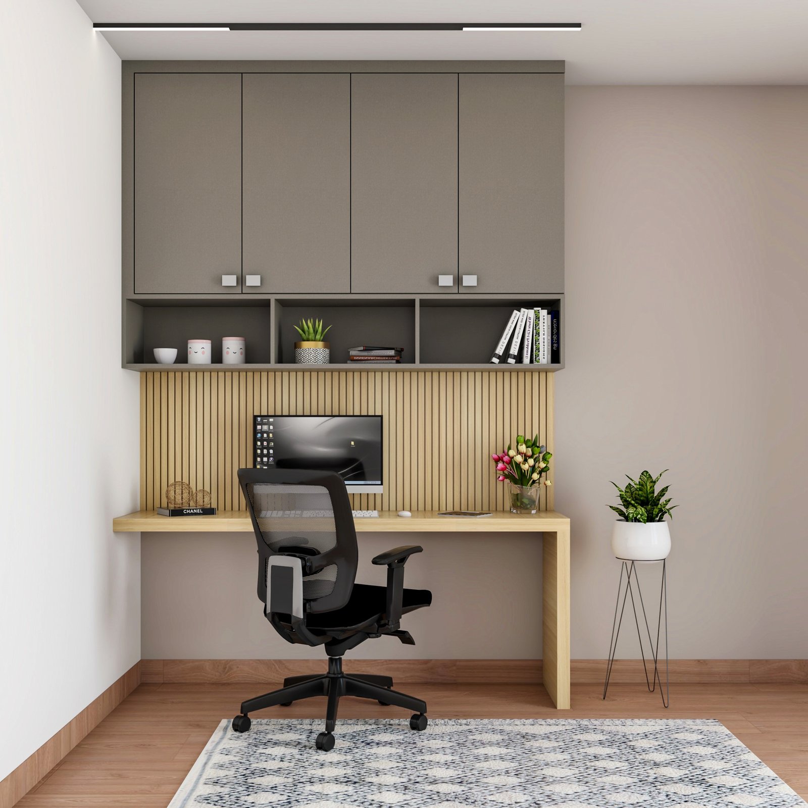 Contemporary Study Room Design With Grey And Wood Study Table And Black Swivel Chair