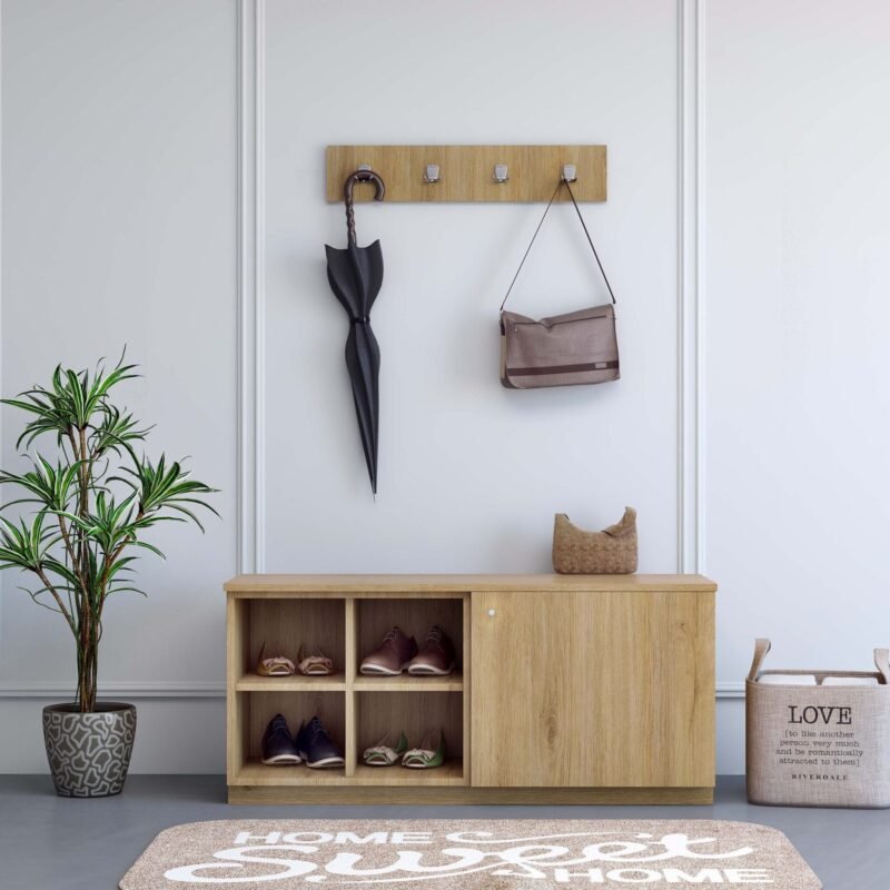 Transitional Foyer Design with Modern Look and Floor Mounted Storage