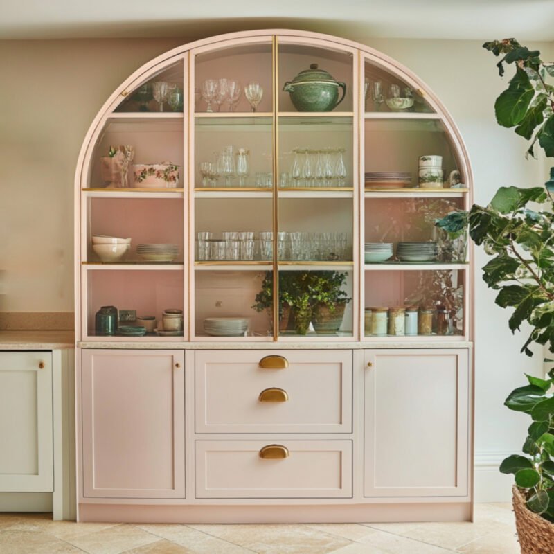 Modern Loto Crockery Unit Design with Glass Cabinets and Drawers