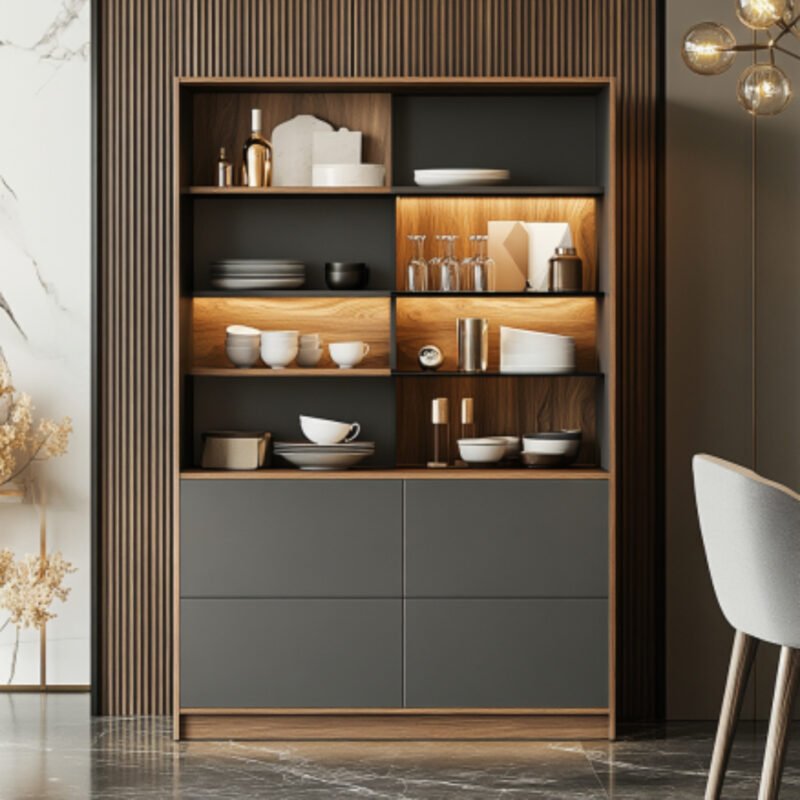 Minimal Crockery Unit Design with Open Storage and Drawers