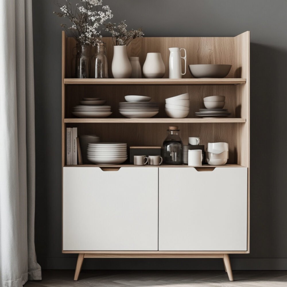 Scandinavian Crockery Unit Design in White and Acacia Wood Finish