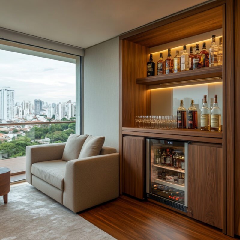 Contemporary Home Bar Design With LED and Wine Cooler