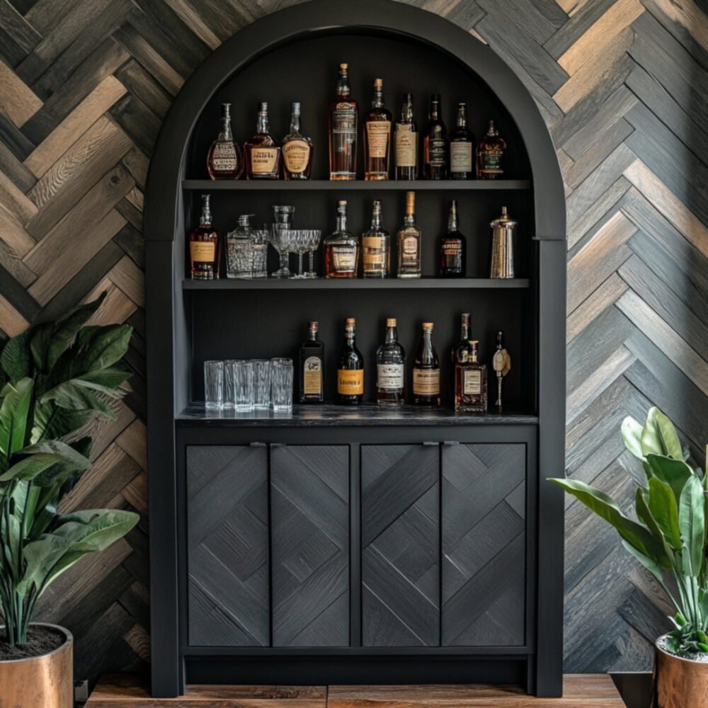 Vintage Home Bar Design With Tiered Open Shelves
