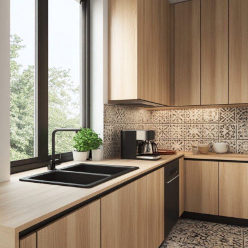 Double Bowl Flush Mount Kitchen Sink Design in Black Matte Finish