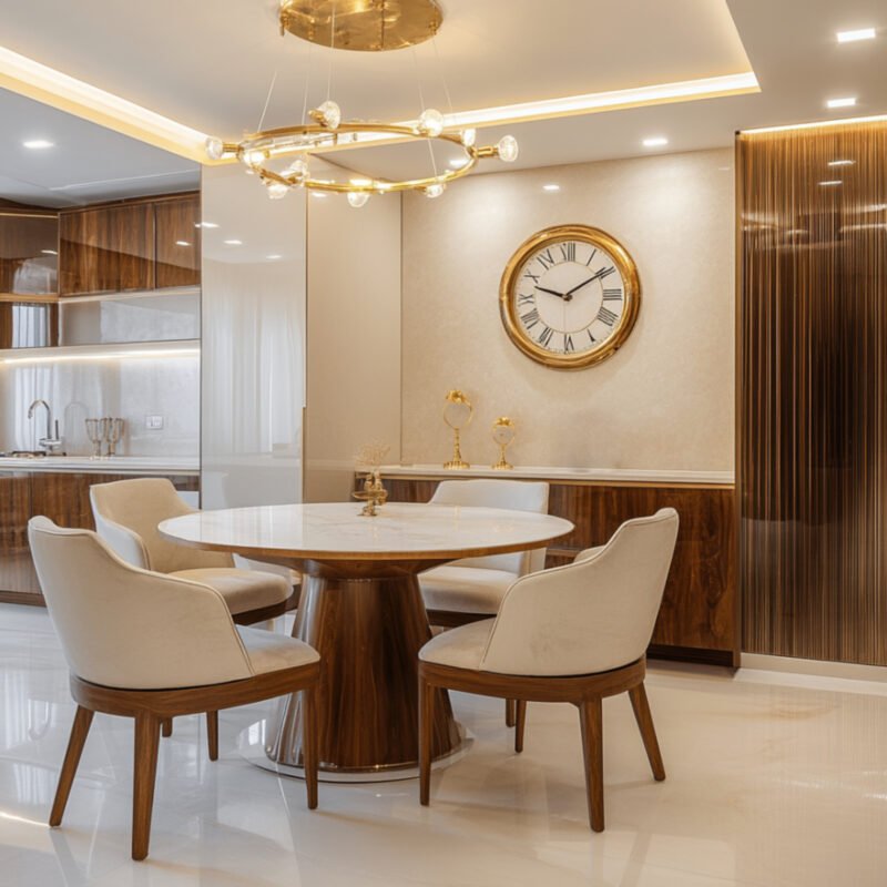 Mid-Century Modern Dining Room Design With Wooden Table and Curved Chairs