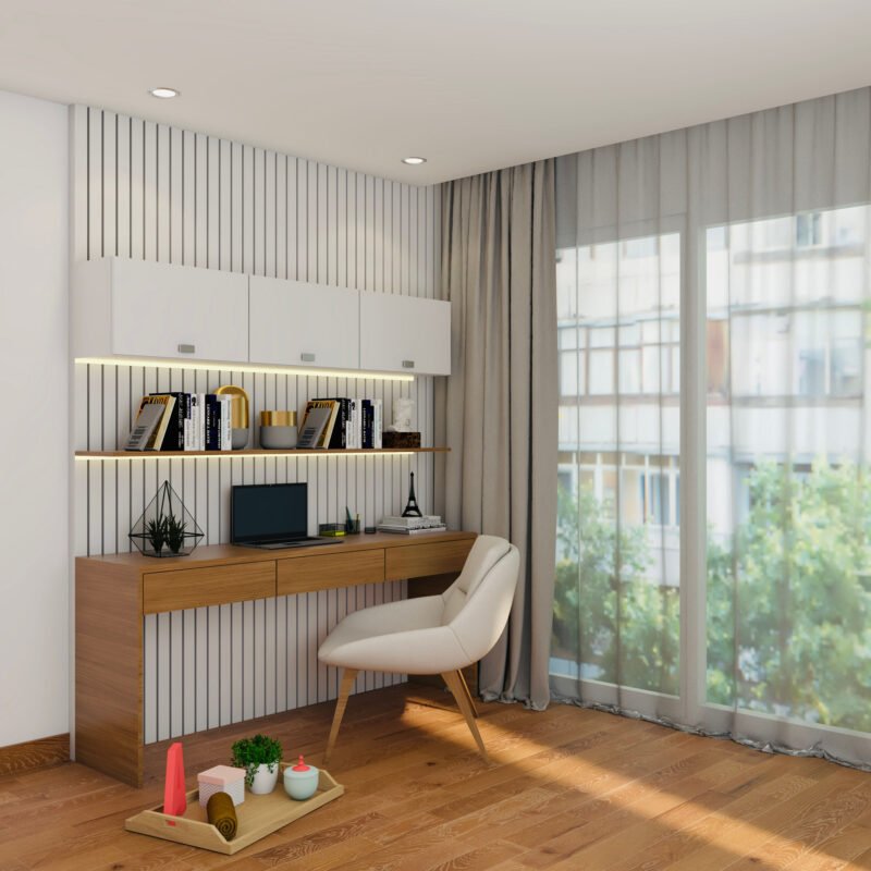 Modern Walnut Bronze And Frosty White Study Room Design With Wide Fluted Wall Backdrop