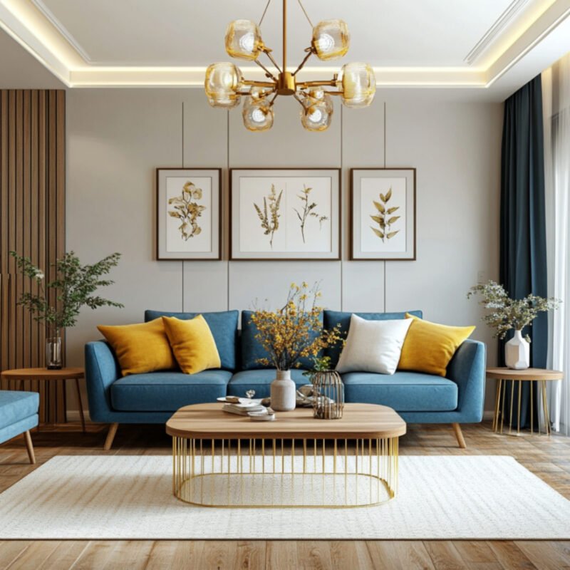 Contemporary Living Room Desigfn with3-Seater Blue Sofa