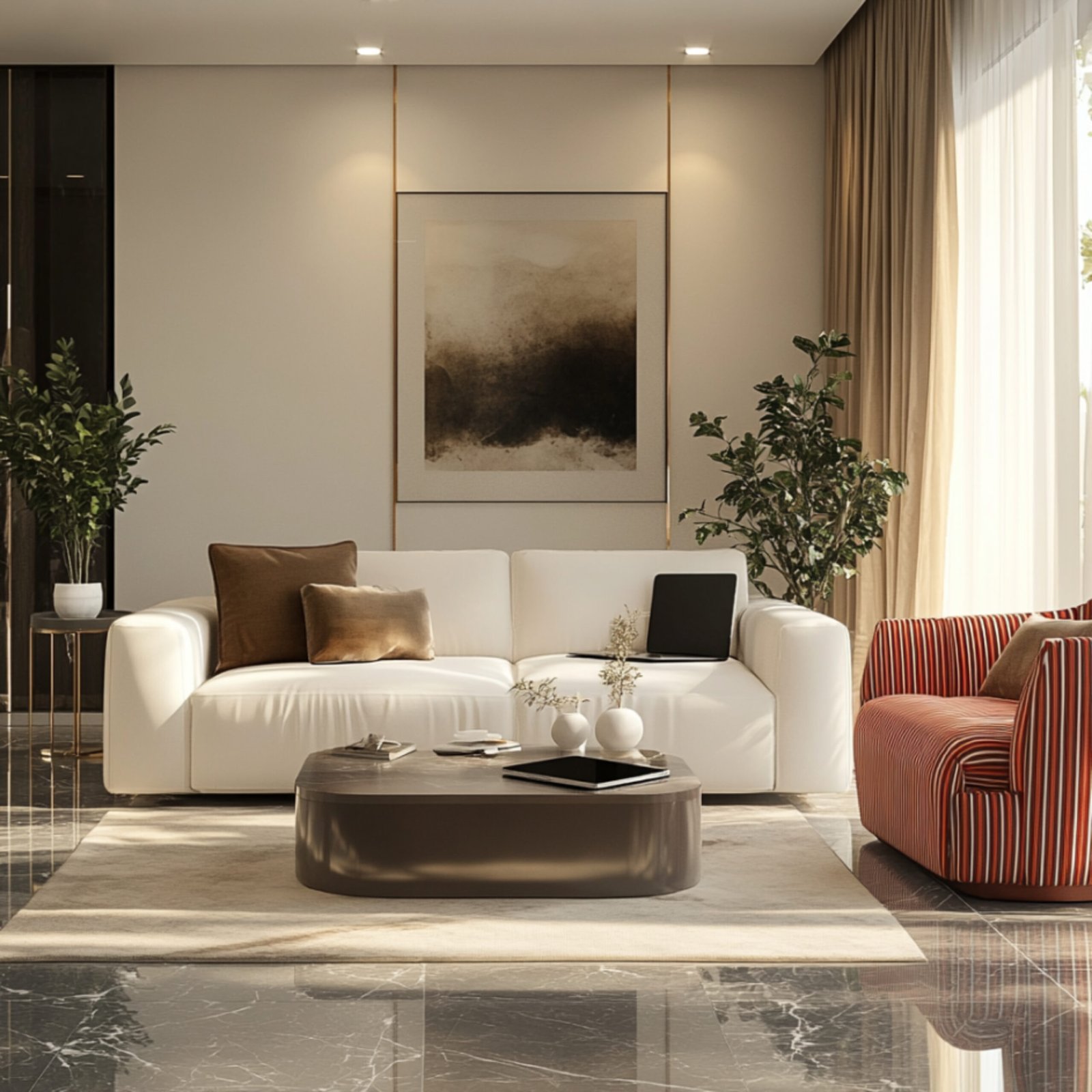 Modern Living Room Design with White Sofa and Red-Striped Armchair