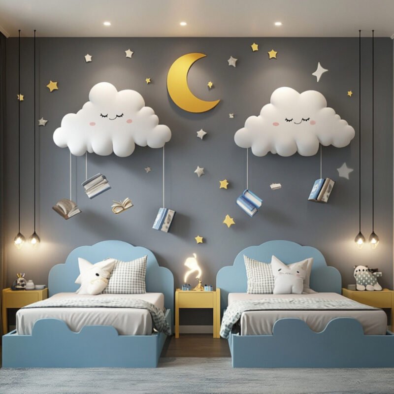 Modern Cloud-Themed Kids Bedroom Design with Storybook-Inspired Decor