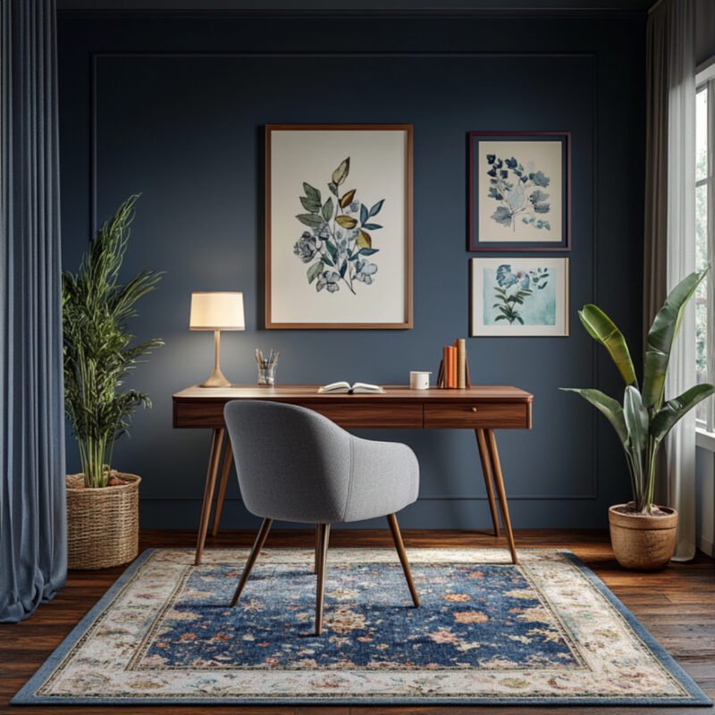 Mid-Century Modern Blue Wall Design with Matte Finish and Trims