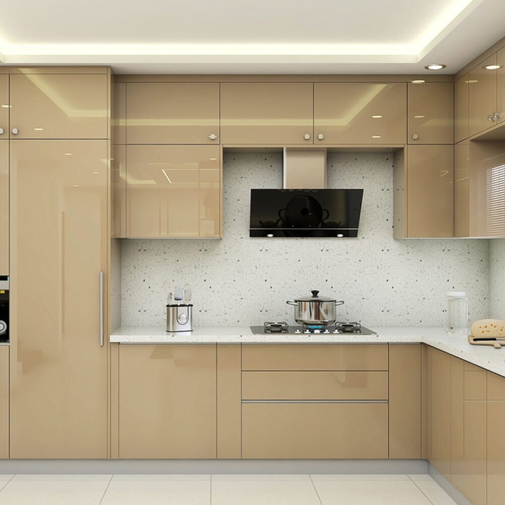 Modern Modern Irish Cream L-Shaped Kitchen Design with Quartz Counter