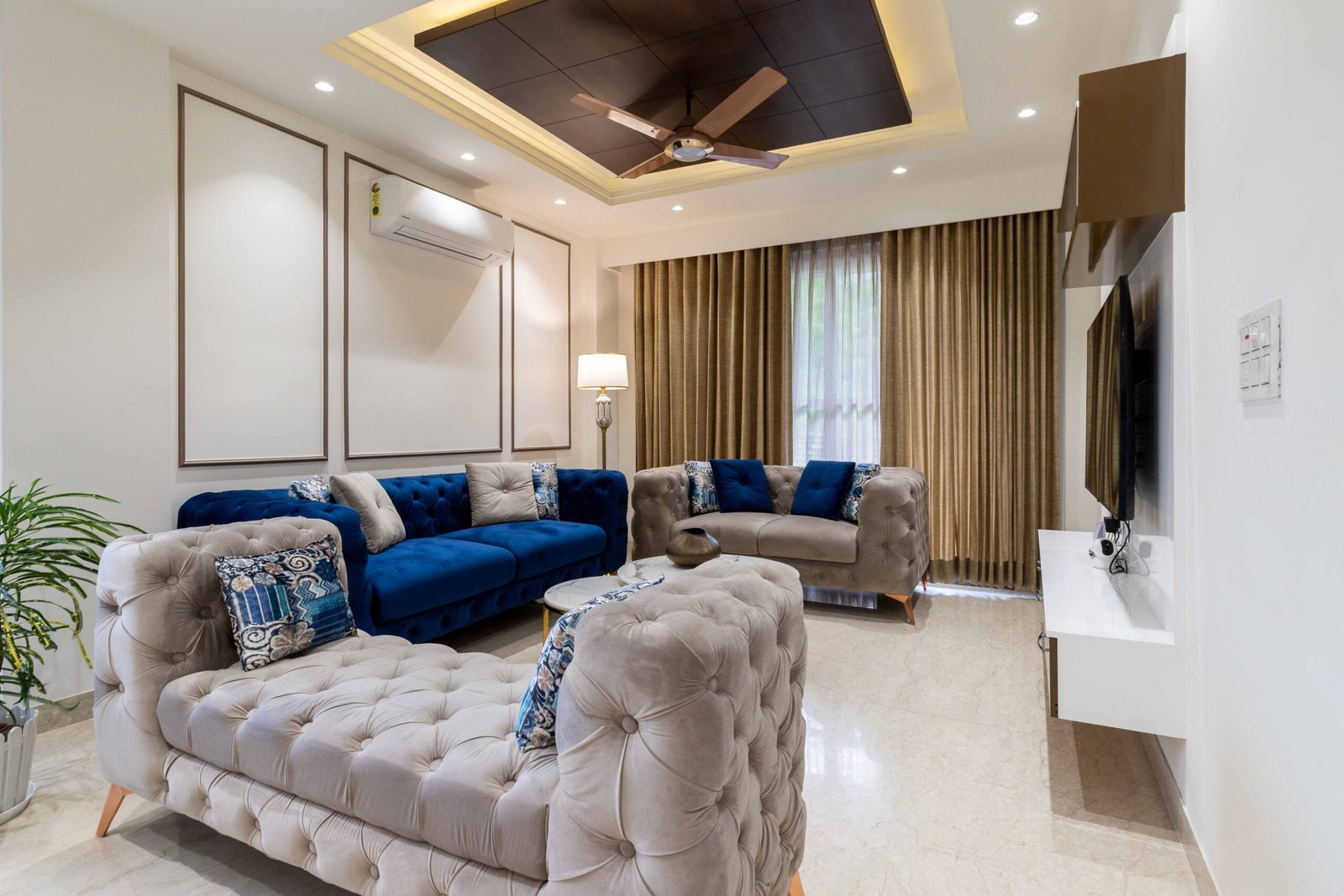 Contemporary 2BHK Flat Design with Stylish Home Office and Living Room