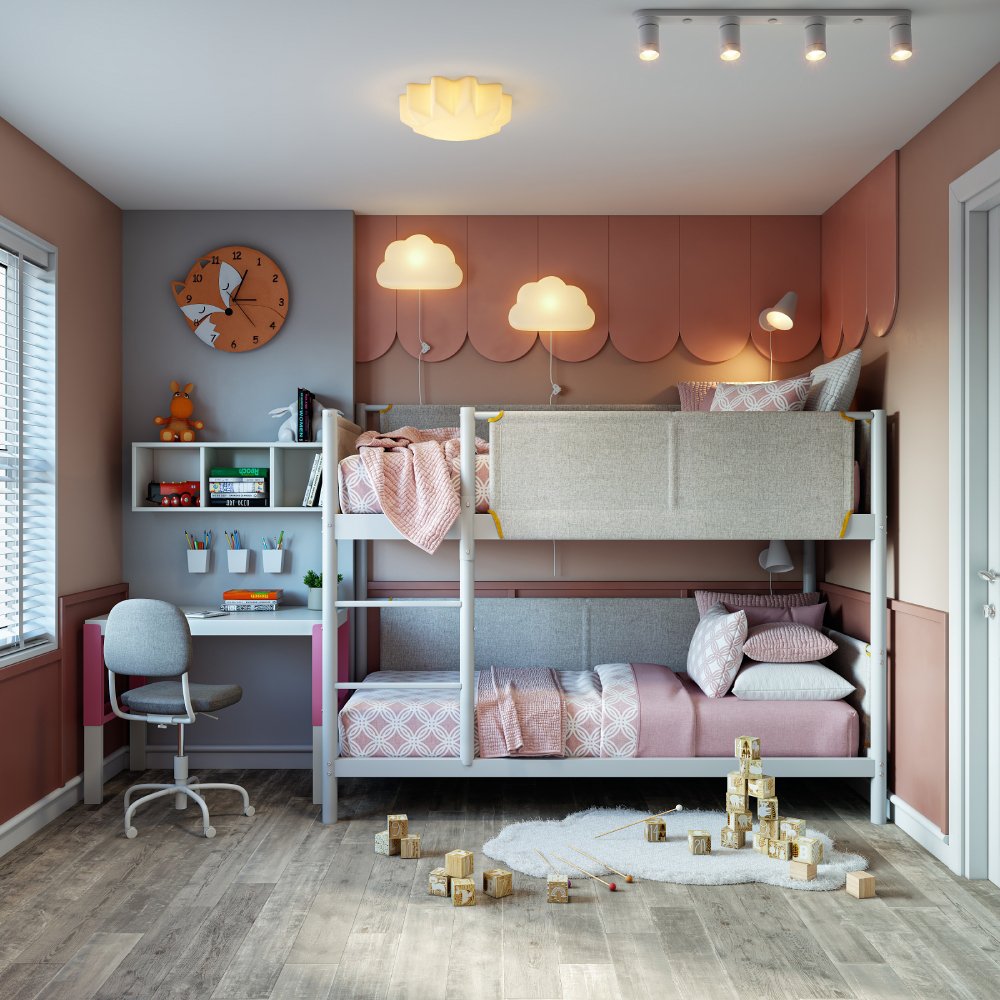 Space-Saving Bunk Bed Design with Study Area and Vibrant Bookshelf