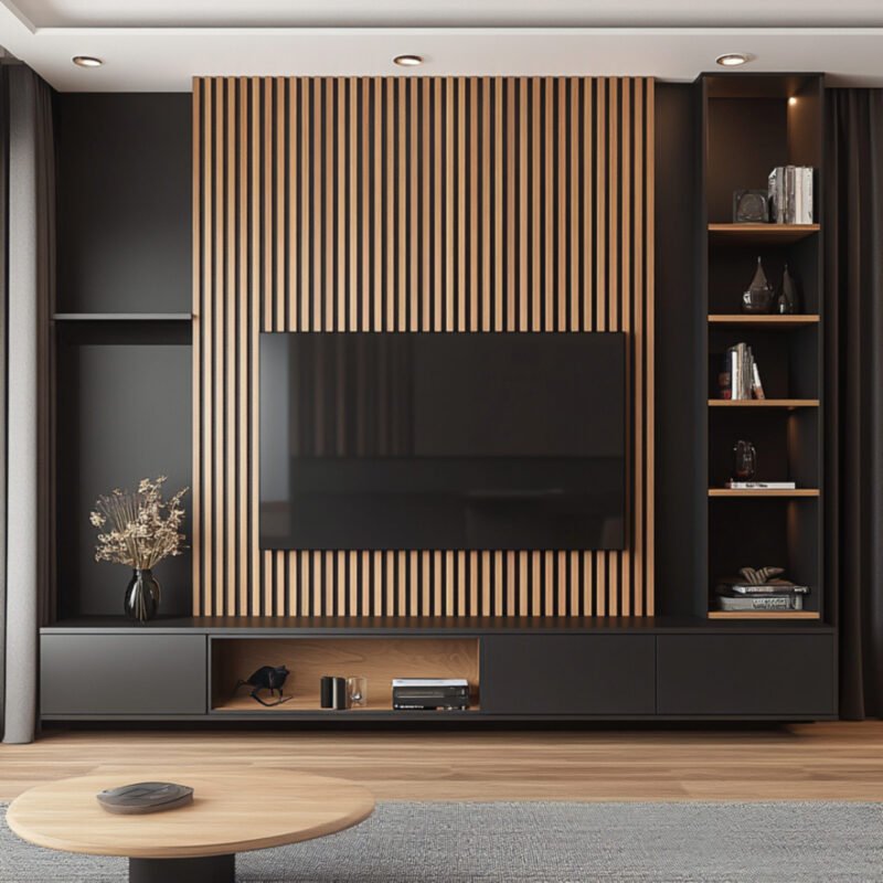 Industrial Matte Black TV Unit Design with Vertical Slats and Concealed Cabinets