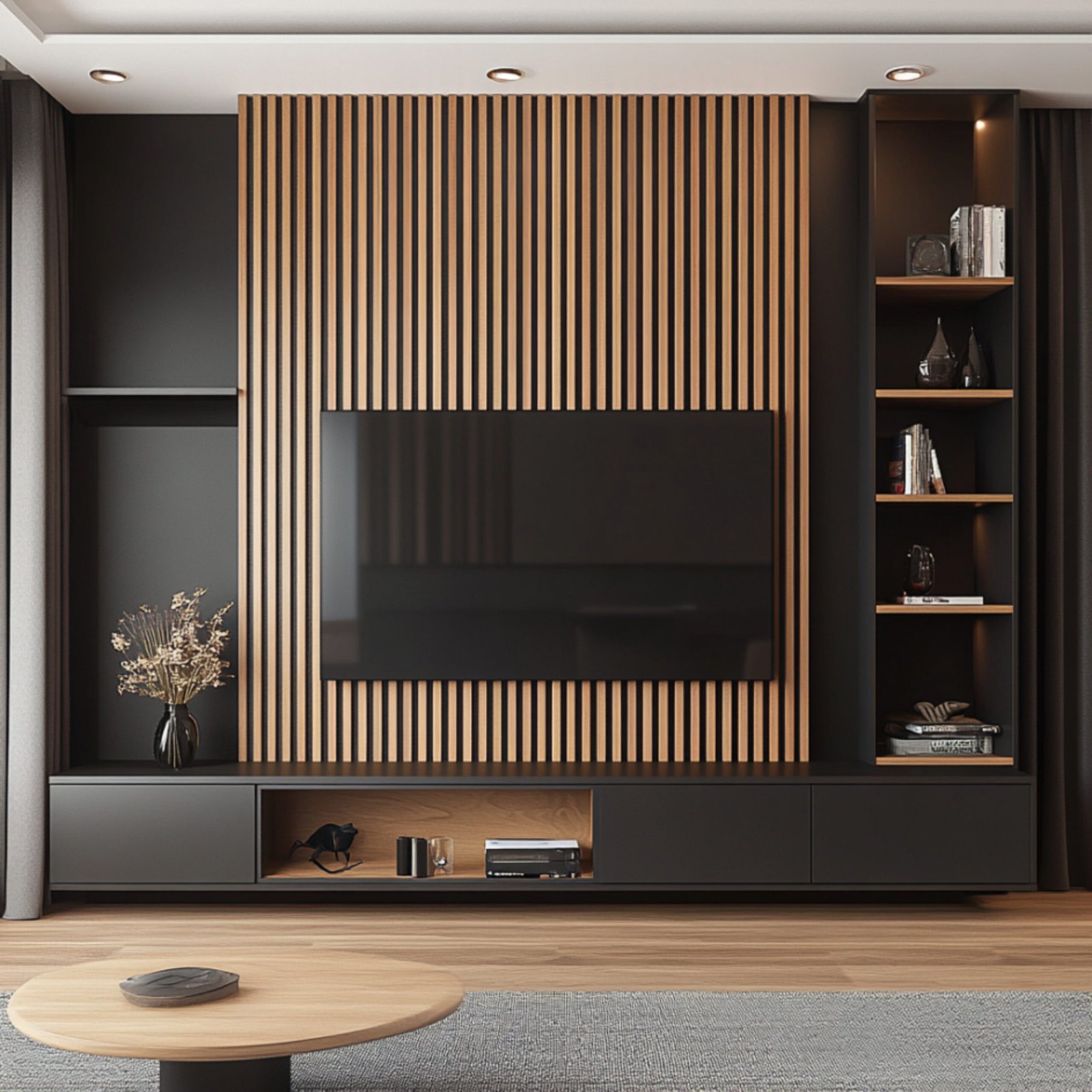 Industrial Matte Black TV Unit Design with Vertical Slats and Concealed Cabinets