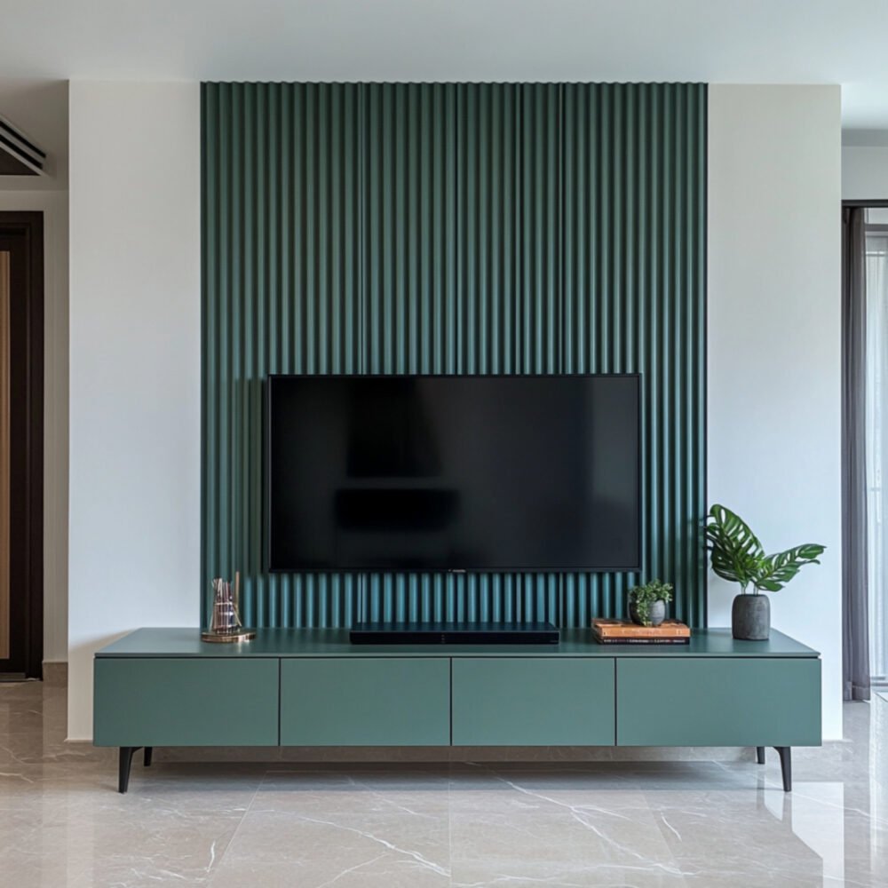 Mid-century Modern Venoso TV Unit Design with Slatted Backdrop and Lighting