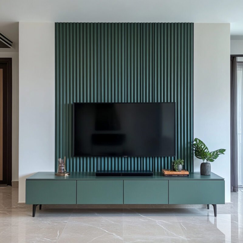 Mid-century Modern Venoso TV Unit Design with Slatted Backdrop and Lighting
