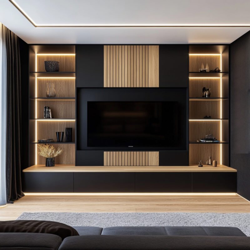 Modern TV Unit Design in Black with Wood Highlights