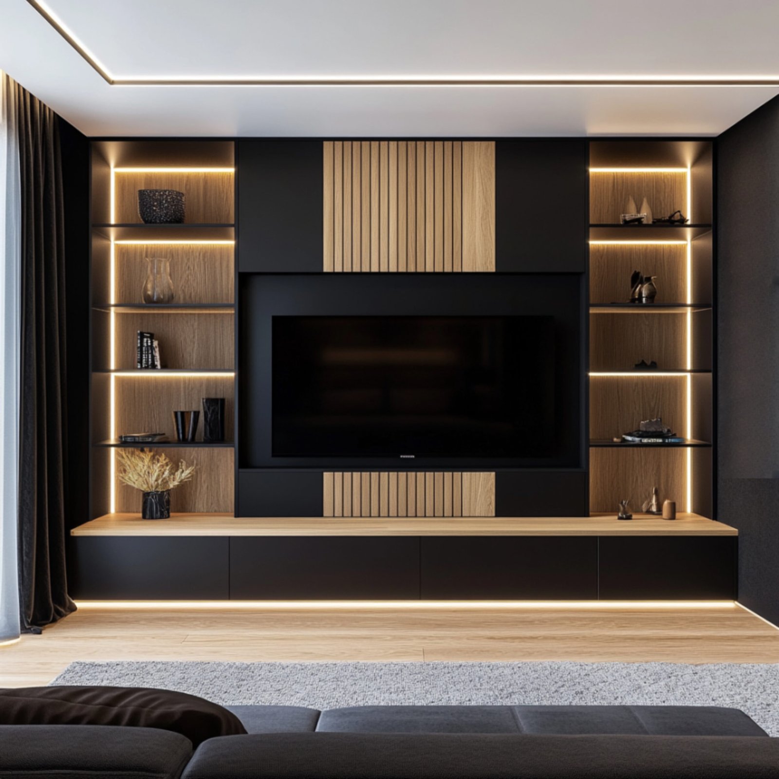 Modern TV Unit Design in Black with Wood Highlights