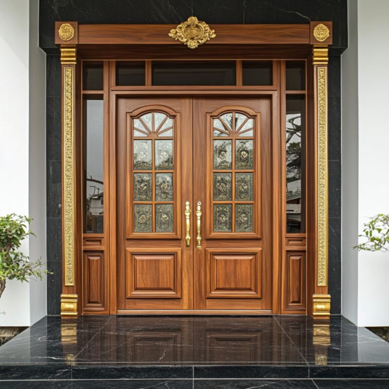 Classic Double Wooden Door Design with Glass Panels