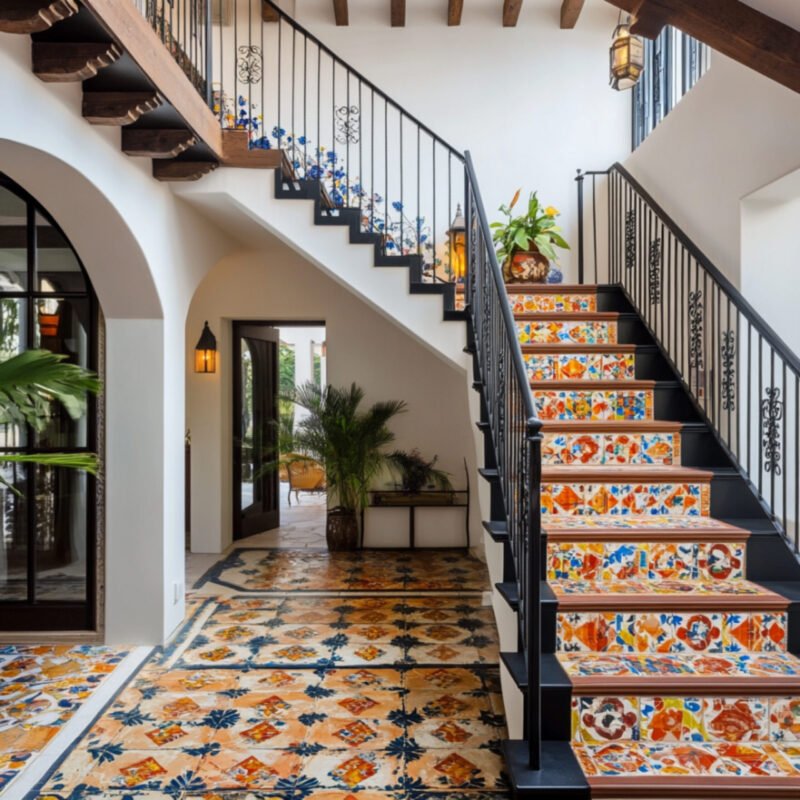 L-Shaped Mediterranean Staircase Design with Wood, Metal, and Tile Details