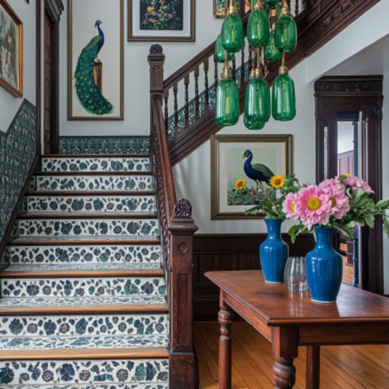 L-Shaped Traditional Staircase Design in Wood and Classic Tile Finish