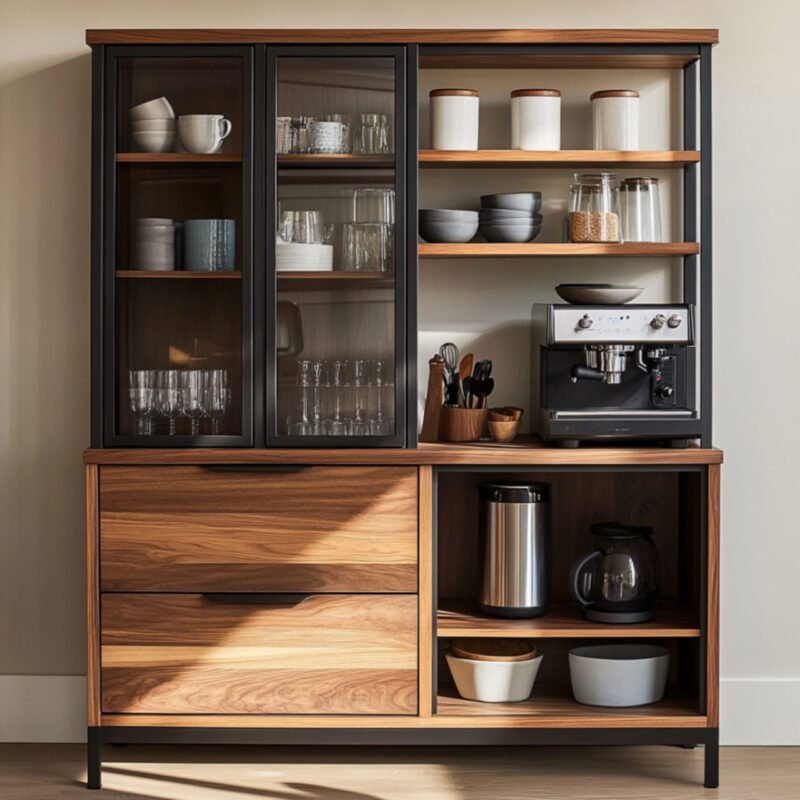 Modern Crockery Unit Design with Cabinets, Drawers, and Open Shelves