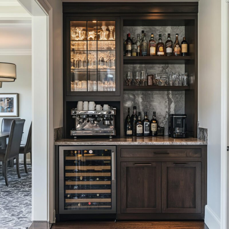 Contemporary Home Bar Design with Tawny Balsam and Glass Display Cabinet