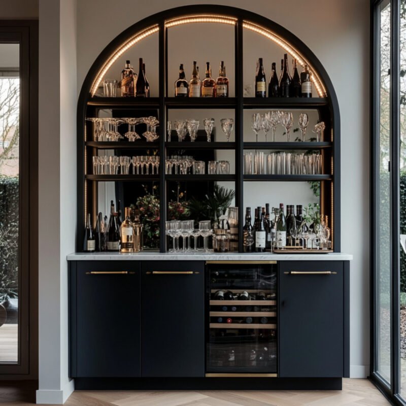 Modern Home Bar Design with Open Shelves and Wine Cooler