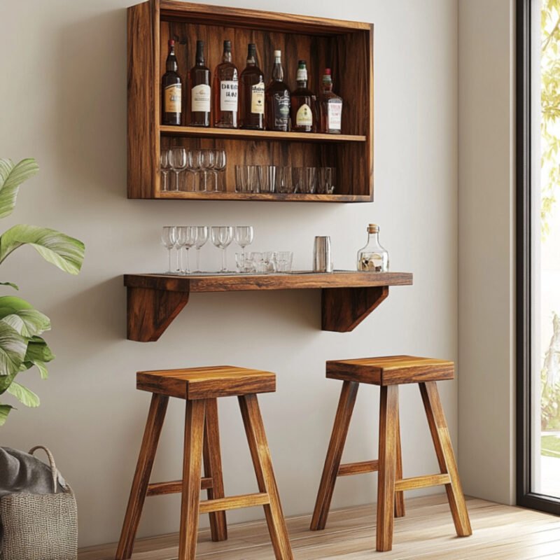 Industrial Home Bar Design with Wall-mounted Shelves and Teak Finish