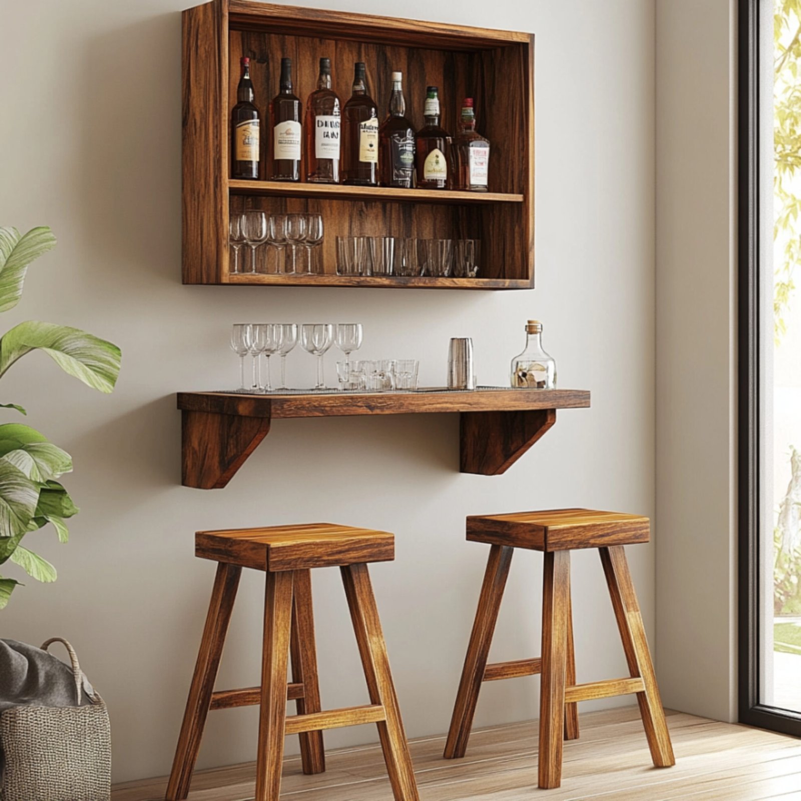 Industrial Home Bar Design with Wall-mounted Shelves and Teak Finish
