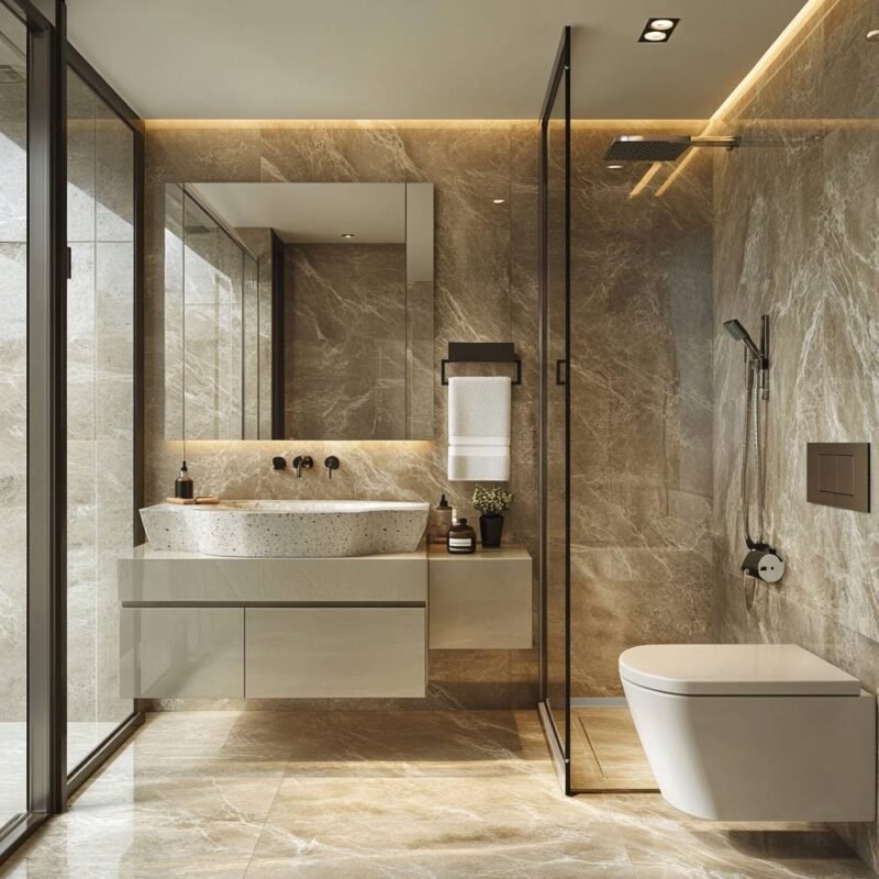 Modern Brown Bathroom Design with Glossy Finish and Integrated Lighting