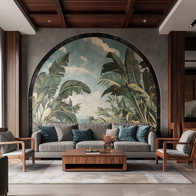 Tropical Living Room Design With 3 Grey Sofas and Armchairs