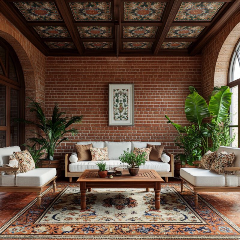 Rustic Living Room Design With Brick Wall and Persian Rug