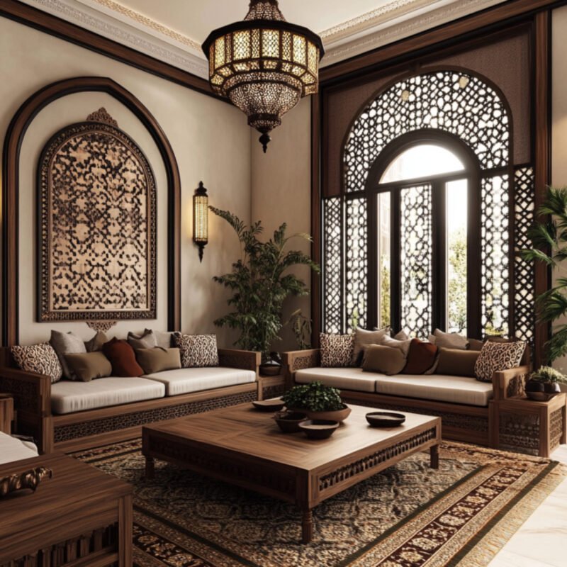 Traditional Living Room Design With Carved Wood and Built-in Cabinets