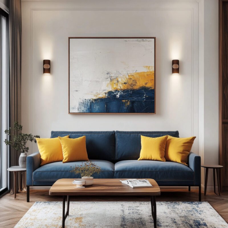 Modern Living Room Design With 3-Seater Rectangular Blue Sofa