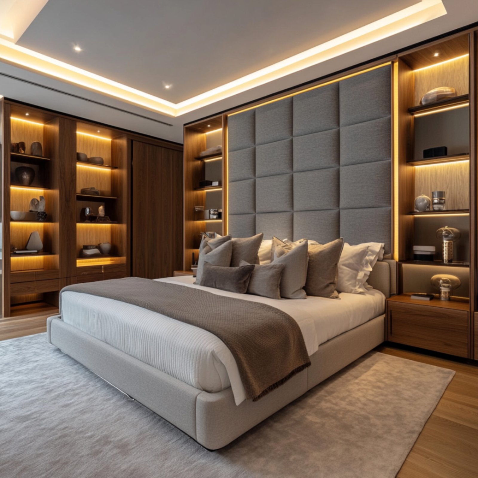 Modern Master Bedroom Design with Wood Accents and LED Shelving