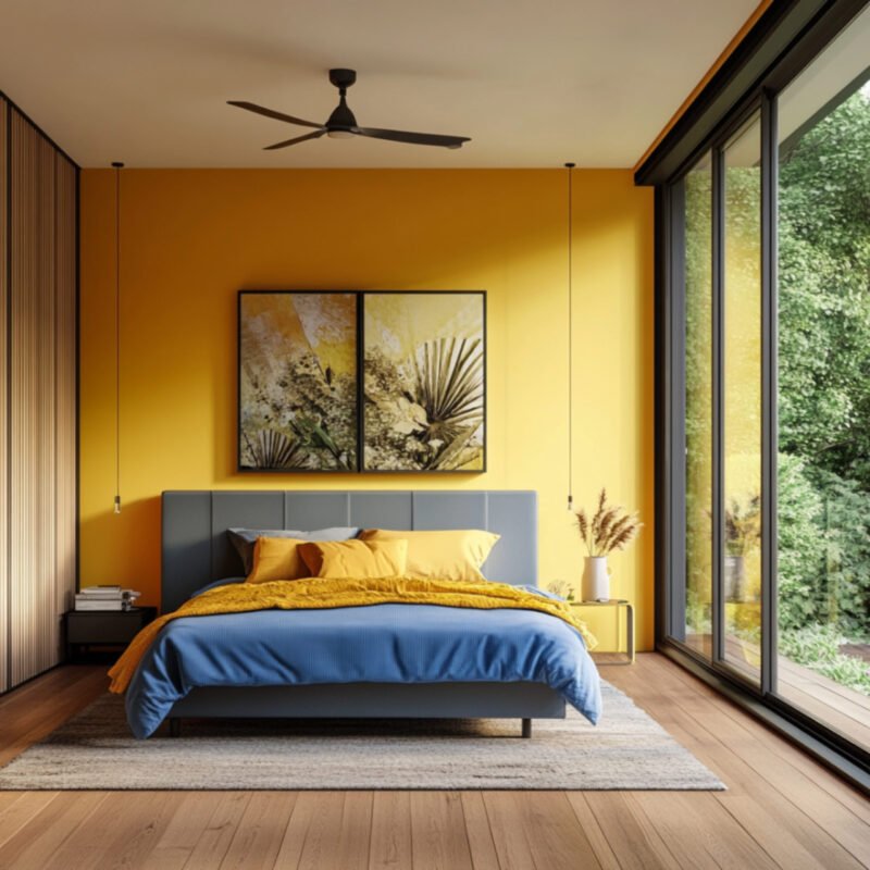 Minimal Master Bedroom Design with Mustard Yellow Walls and Blue Upholstered Bed